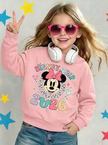 Minnie Mouse Disney Trip 2026 Retro Colorful Geometric Badge Kids Comfortable Print Young Girls' Long Sleeve Sweatshirt, Suitable For Autumn/Winter, Lightweight And Cozy, Great For Layering In Fall, Fashionable Casual Wear, Graphic Design, Back To School Season, Autumn, Back To School Party, Suitable For Outdoor Picnic, Street Photography, Home, Campus, Holidays, New Year Gift - Hồng - Xem 2