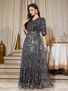 Women's V-Neck Sequin Long Party Dress & A-Line Ball Gown - Black - View 4