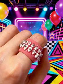 2 piezas de anillos con forma de dientes divertidos, anillos abiertos encantadores, diseño creativo de dibujos animados de material acrílico, anillos de moda - Multicolor - Ver 5