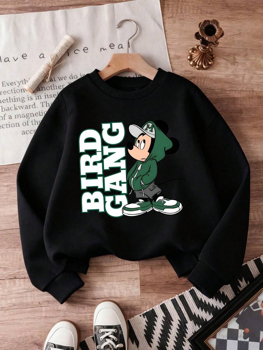 1pc Disney Mickey Mouse "Bird Gang" Street Art Print Tween Boys Cool Sweatshirt, Soft & Versatile, Ideal For Daily Wear & Casual Hangouts - Black - View 1
