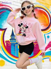 1pc Disney Valentine's Day Mickey Mouse & Minnie Mouse "LOVE" Heart Accent Graphic Tween Girls Sweet Sweatshirt - Soft & Versatile, Ideal For Valentine's Day Outings, Casual Hangouts And School Days - Hồng - Xem 2