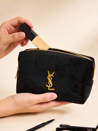 YSL Black Velvet Makeup Bag, Gold Logo & Zipper Makeup Pouch, Women's Gift Idea: Luxury Brand Cosmetic Bag, Travel Makeup Organizer - Perfect Birthday Holiday Gift For Her, Y2K