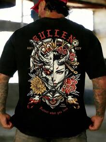 Krometka Men's Retro American Street Style Loose Fit Short Sleeve T-Shirt | Half Geisha Half Oni Mask Split Image Print | Exquisite Design | Essential For Spring/Summer | Versatile All-Match Tee | Express Personal Style - Black - View 3