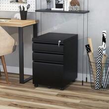 Mobile 3-Drawer Office Pedestal With Casters, Concave Handle, In Black Steel, For Office And Home Office - Black - View 2