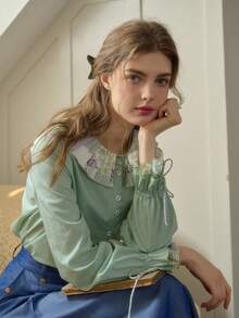 Simple Retro Women's Spring And Summer Models Holiday Style Patchwork Collar Printing Collision Green Elegant Retro Temperament Casual Long-Sleeved Shirt Blouse Top - Green - View 9