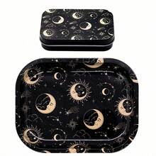 2 piezas, Bandeja metálica rodante - Diseño de patrón dorado misterioso - 18cm*14cm, Caja de almacenamiento de hierro con patrón negro y dorado, Adecuada para el almacenamiento de artículos pequeños, accesorios para fumar, portátil, adecuada para la decoración del hogar y la oficina. - Serie Oro Negro - Ver 9