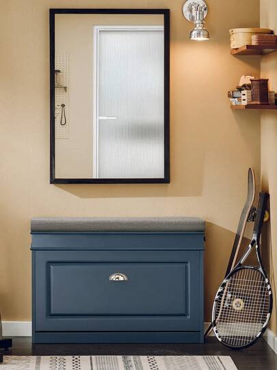 SoBuy Shoe Bench With Seat Cushion And Storage Space, Shoe Cabinet With Flap, Narrow Shoe Rack, Space-Saving Bench With Storage Space For Hallway, Living Room, Bedroom, Up To 150 Kg, Blue, 75x52x24cm, FSR82-L-B