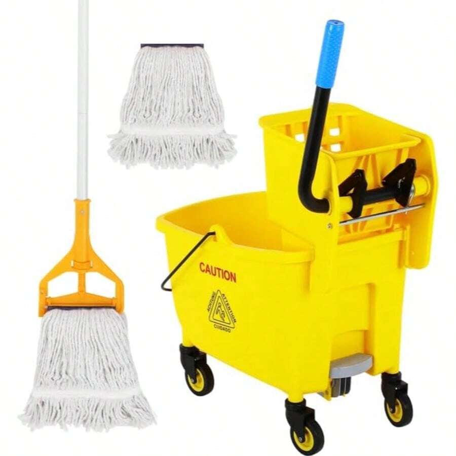 GCCSJ Pedal Mop Bucket, Commercial Mop Bucket With Drain, 35 Quarts, Yellow. Includes One Commercial Mop And An Extra Mop Cloth For Efficient Cleaning Of School, Office, And Hospital Floors (Yellow, 1 Bucket + 1 Mop).Pedal Mop Bucket,