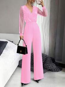 Women's Sexy Black Sequin Mesh Jumpsuit With Deep V-Neck Pink Elegant - Pink - View 4