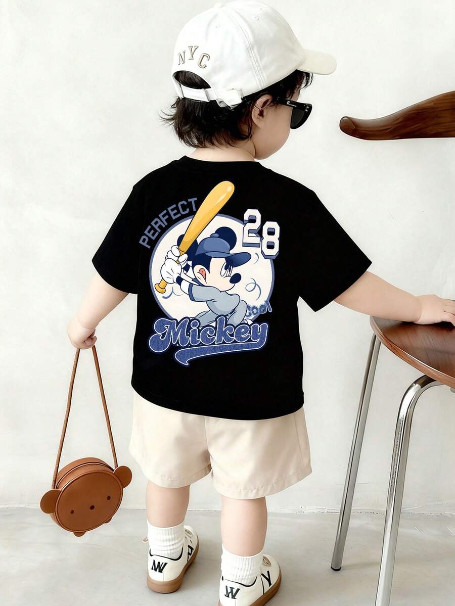 Disney-A Must-Have For Energetic And Cute Children! Mickey Mouse Joint Baseball T-Shirt No. 28 Number+PERFECT Slogan Versatile For Daily Use - 黑色 - 查看 1