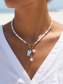 1pc Ceramic Fish & Starfish Tassel Pearl Beaded OT Clasp Necklace - White - View 1