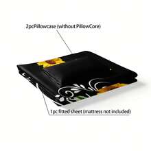 三件套黑色向日葵图案印花床单（1张床单，2个未填充枕套），2D平面印花，营造浪漫卧室氛围，卧室家居装饰，浪漫卧室床上用品必备。 - 彩色 - 查看 8