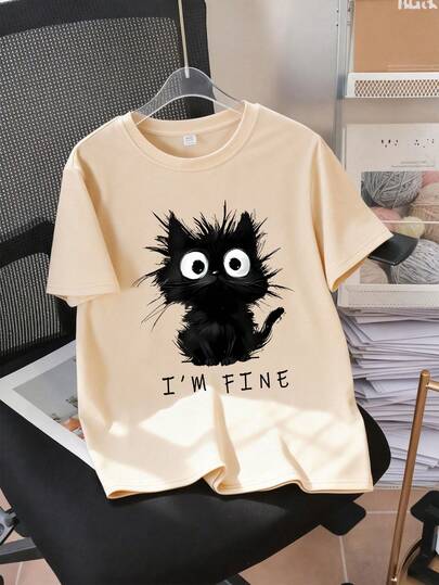 Funny Messy Black Cat Print Solid Color Short Sleeve T-Shirt For Tween Girls, Summer Loose Fit Casual Top, Versatile For Students, Commuting, Shopping, Daily Wear