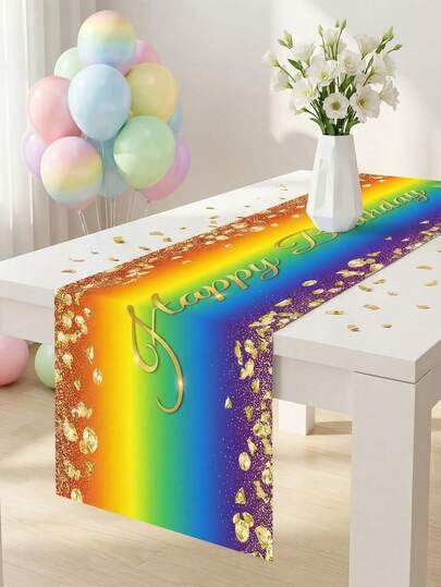 1pc Rainbow Gradient Happy Birthday Table Runner | 1pc Glamorous Glitter Polyester Table Runner, Available In 7 Color Variants (Black Gold, Rainbow, White Gold, Pink Gold, Navy Blue, Purple, Orange) – Stain-Resistant Table Decor For Birthday Party Supplies, Kids Birthday, Adult Birthday, Dining Table Centerpiece & Home Party Setup,Home Decor, Birthday Gifts, Kitchen, Birthday Atmosphere Creation