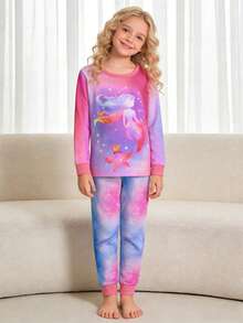 少女舒适版紫色和粉色扎染美人鱼和海星印花长袖睡衣套装 - 彩色 - 查看 3