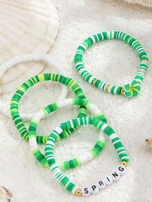 5pcs St. Patrick's Day Bracelet Set, Fresh Green Flower & Letter Polymer Clay Bracelet Set - Multicolor - View 4