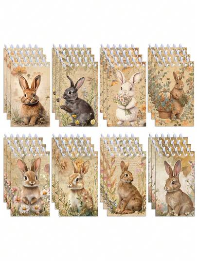 8pcs Happy Easter Party Animals Cartoon Brown Rabbit Daisy Flower Design Mini Notepads Spiral Memo Pad Pocket Notebooks For Birthday Party Supplies