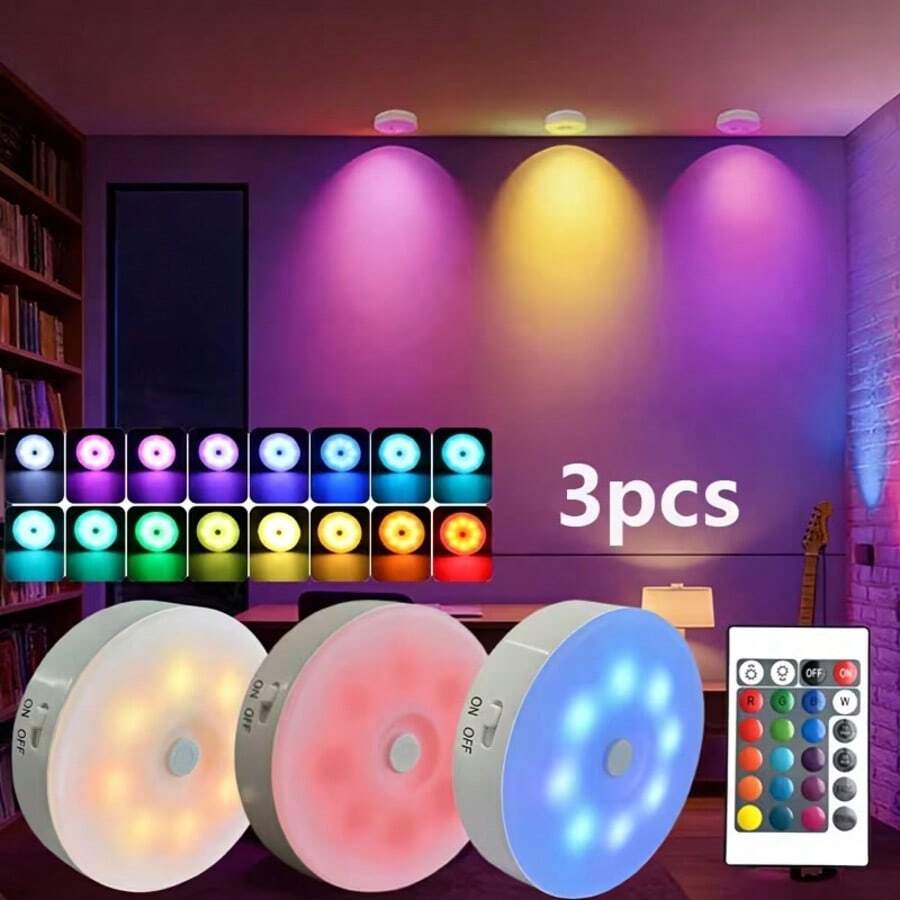 1/3/6 Peças Luz de Gabinete RGB, Luz Noturna LED Recarregável por USB com Controle Remoto, Funções de Dimmer e Timer, Ajustável para Cozinha, Prateleira, Escada, Balcão, Adequado para Cozinha, Guarda-Roupa, Armazenamento de Alimentos e Prateleiras (250mAh)