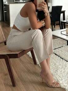 Calça Za Feminina Tecido Alfaiataria  Slim Fit com Bolso Lateral Plissado Elegante para Escritório Moda Social - Damasco - Visão 3