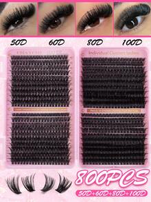 Kit de cílios postiços em tufos com 800 unidades, incluindo cílios individuais e cílios com curvatura D, comprimento de 8 a 18 mm, autoadesivos. O conjunto contém cílios à prova d'água nos formatos 10D, 20D, 30D, 40D, 50D, 60D, 80D e 100D para uma maquiagem com aspecto natural. Cílios grossos, volumosos, macios e leves, reutilizáveis. - Multicolorido - Ver 5