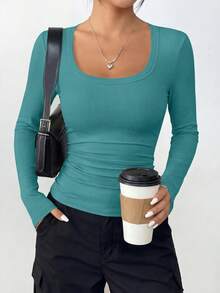 PRETTYGARDEN Women Spring And Fall Long Sleeve Shirts Clothes Cute Going Out Tops Ribbed Tight Fitted Plain Basic Tee Tshirts Vacation Outfits For Women - 孔雀綠 - 查看 4