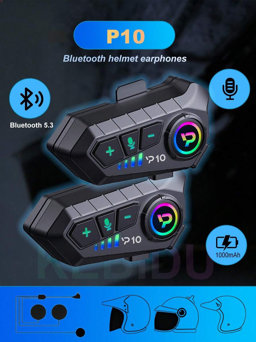 1/2个摩托车头盔耳机，蓝牙5.3无线降噪耳机，带16种RGB灯光模式，超长续航，双重降噪/自动接听/通话/音乐控制