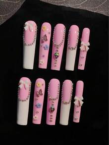 10 Pcs Handmade Armor Suits, Press On Nails, The Sweet Dollar Style Embodies The Lolita Fashion , Featuring A Main Color Palette Of Delicate And Pure White. The Fresh Pink And White Contrast Creates A Strong Sense Of Girlishness. Three-Dimensional Bows, Miniature Flowers, And Metallic Bow Decorations Enhance The Sweet And Cute Lolita Vibe. - 彩色 - 查看 1