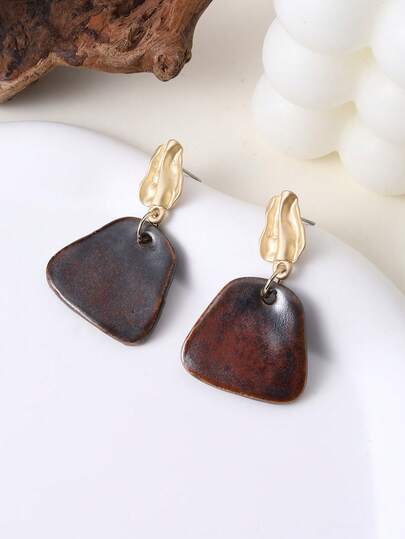 1 Pair Handmade Ceramic Retro Chinese Style Brown Trapezoid Earrings, Suitable For Vacation, Party And Daily Wear