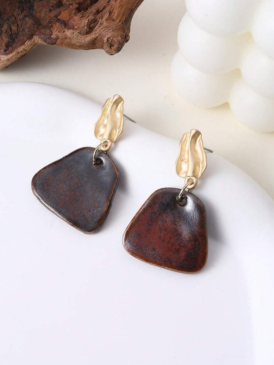 1 Pair Handmade Ceramic Retro Chinese Style Brown Trapezoid Earrings, Suitable For Vacation, Party And Daily Wear - Brown - View 1