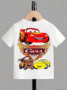 Disney Black Background Cars Lightning McQueen And Friends Flame Print Front And Back Design Kids' Short Sleeve T-Shirt - Playful And Cool Racing Style Top - 白色 - 查看 2