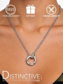 S925纯银双环情侣项链，黑白钻石可选，简约奢华设计，女友/情侣纪念礼物，日常百搭，礼盒包装 - 銀色 - 查看 8