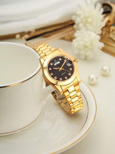 RICECGO 女士石英表，闪耀钻石刻度，双日历显示，奢华优雅，复古配色尽显高端气质，是送给妻子、女友或朋友的绝佳礼物。