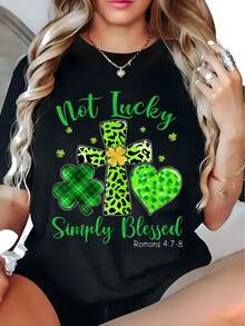 Camiseta blanca de mujer con estampado geométrico del Día de San Patricio, cuello redondo informal, manga corta, elástica y estilo sin cierre. - Negro - Ver 1