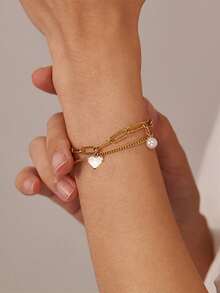 1条不锈钢防水不褪色时尚简约珍珠心形可调节长度双层链手链，适合女士日常佩戴 - 雙層愛心手鍊 - 查看 1