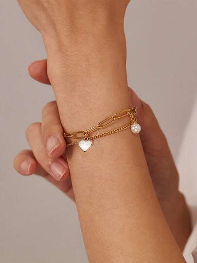 1条不锈钢防水不褪色时尚简约珍珠心形可调节长度双层链手链，适合女士日常佩戴