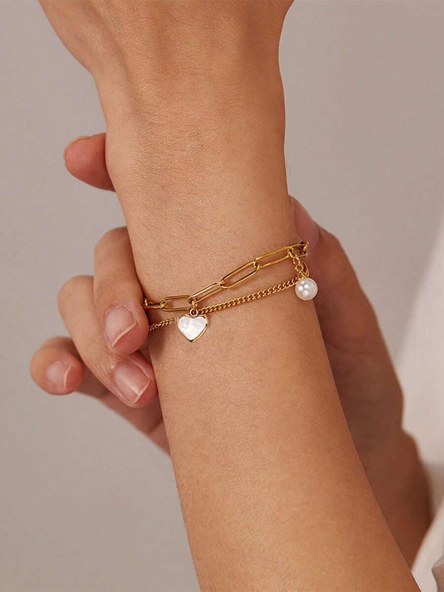 1条不锈钢防水不褪色时尚简约珍珠心形可调节长度双层链手链，适合女士日常佩戴 - 雙層愛心手鍊 - 查看 1