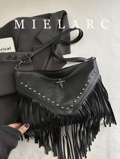 Bolso bandolera de cuero retro de moda, bolso de hombro estilo bohemio con flecos y remaches, cartera cuadrada casual, bolso de mensajero adecuado para viajes y uso diario, bolso bandolera de negocios portátil con flecos, bolso de mano compacto