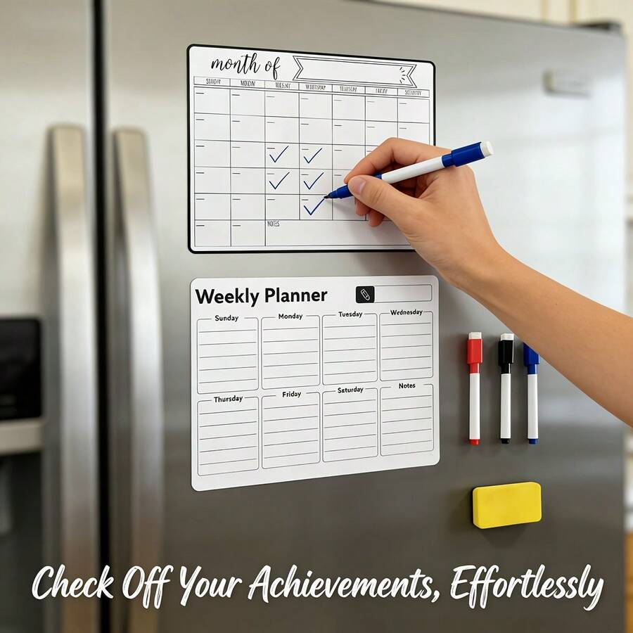 周/月计划表套装，磁性冰箱贴，个人日程板，适用于多种金属表面，套装包含笔和白板擦 - 套裝(6件套裝) - 查看 1