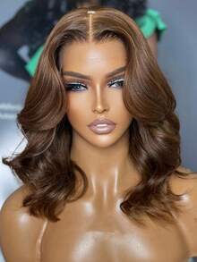 Chocolate Brown Color 200% Body Wave Bob Wig 13x4 Transparent Lace Frontal Human Hair Wigs 14 Inch Brazilian Pre Plucked With Baby Hair #4 Colored Lace Front Human Hair Wigs For Women - S4 - 查看 3