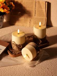 Three Flameless Candle Lamps With A Retro Rope-Wrapped Design, Realistic LED Wicks, And A Twinkling Columnar Shape. Battery Powered, With Remote Control And 2/4/6/8-Hour Timer. Warm Candlelight And Retro Candle Lamps Suitable For Home, Wedding, And Holiday Party Decorations. - Warm white light - View 6