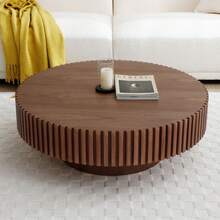 39.37" Round Coffee Table Wood, Modern Unique Circle Coffee Table, Contemporary Drum Fluted Coffee Table Accent End Side Table Center Table For Living Room, Small Space, Apartment - Quả óc chó - Xem 3
