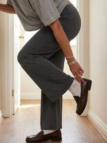 Women's Pants Wide Leg Elastic Waist Fold Over Low Rise Casual Solid Color Trousers - Gris Oscuro - Ver 5