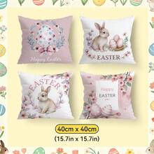 4 pezzi Federe per cuscini con stampa di coniglietti, uova e motivi floreali per Pasqua, stampate su un lato, adatte per soggiorno, camera da letto, decorazione della casa, per tutte le stagioni - Multicolore - Visualizzare 12