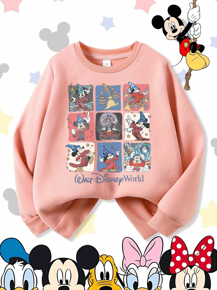 Disney World Sorcerer Mickey Mouse Fantasia Retro 9-Grid Comfortable Print Young Girls' Long Sleeve Sweatshirt, Suitable For Autumn/Winter, Lightweight And Cozy, Great For Layering In Fall, Fashionable Casual Wear, Graphic Design, Back To School Season, Autumn, Back To School Party, Suitable For Outdoor Picnic, Street Photography, Home, Campus, Holidays, New Year Gift - Hồng - Xem 1