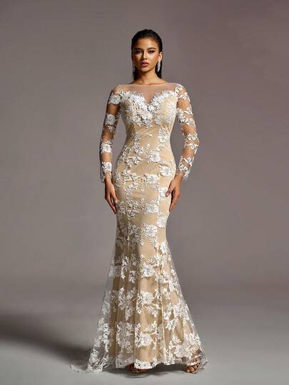 Faeriesty Elegant Mermaid Evening Gown With Sheer Floral Lace Overlay, Illusion Sleeves, And Open Back Design, Suitable For Weddings, Formal Events, And Red Carpet Occasions