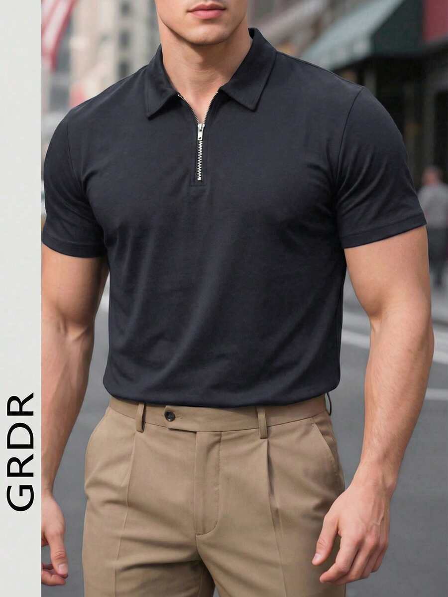 Tricou GRDR pentru bărbați, vară, casual, cu guler cu fermoar, mânecă scurtă - Gri inchis - Vizualizare 1