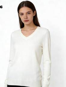 WOMEN'S LONG SLEEVE KNITTING BLOUSE WINTER BASIC V-Neck Sweater - 白色 - 查看 3