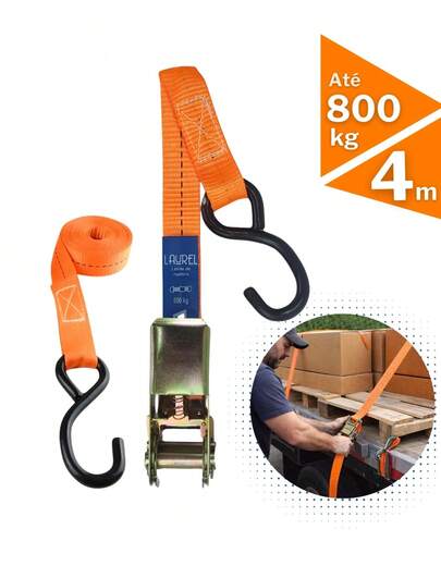 Kit 4 Cintas Catraca 4m 800kg Poliéster Trançado Ultra Resistente Gancho Emborrachado Transporte Seguro Cargas Caminhão Mudança Moto