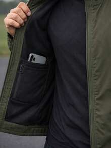 Men's Black Windbreaker Jacket With Removable Hood, Ideal For Gym Or Running - 軍綠色 - 查看 2