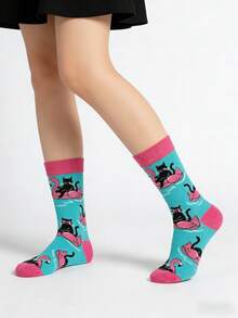 1双黑色猫咪和火烈鸟游泳图案男士中筒袜，春夏款 - 淺藍色 - 查看 3